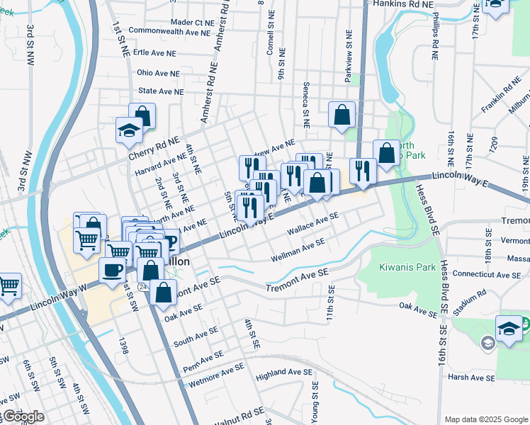map of restaurants, bars, coffee shops, grocery stores, and more near 524 Lincoln Way East in Massillon