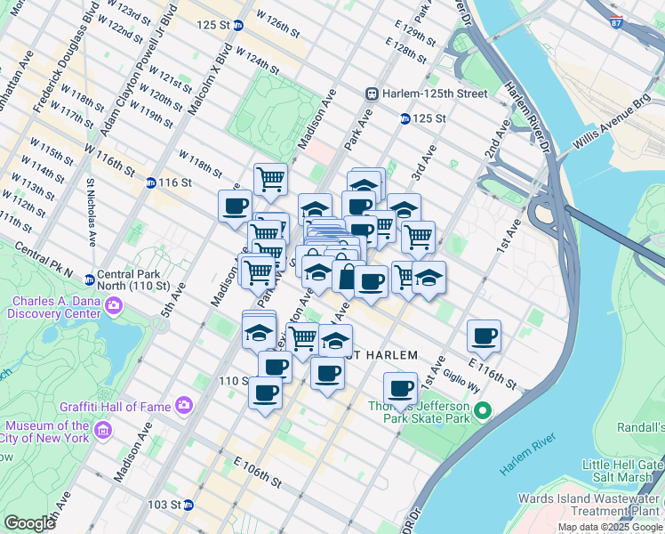 map of restaurants, bars, coffee shops, grocery stores, and more near 160 E 117th St in New York