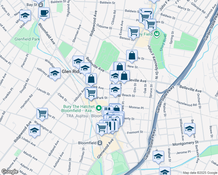 map of restaurants, bars, coffee shops, grocery stores, and more near 38 Park Avenue in Bloomfield
