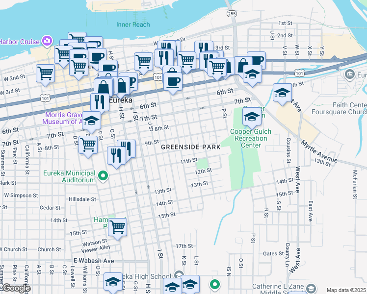 map of restaurants, bars, coffee shops, grocery stores, and more near 1114 10th Street in Eureka