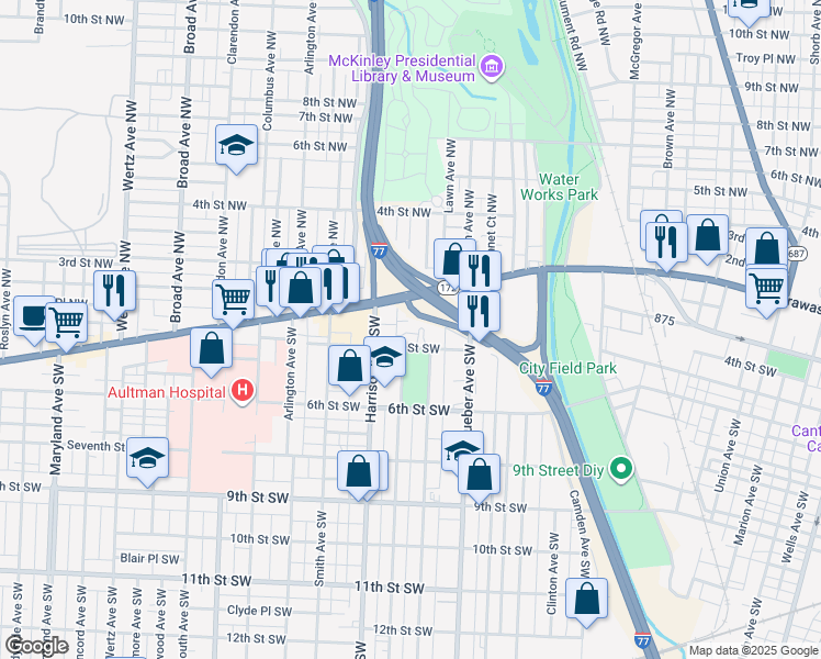 map of restaurants, bars, coffee shops, grocery stores, and more near 201 Park Avenue Northwest in Canton