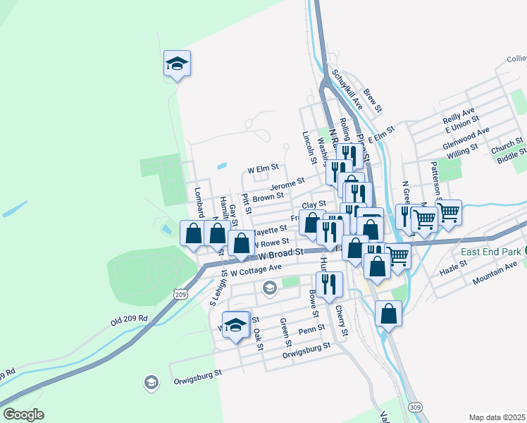 map of restaurants, bars, coffee shops, grocery stores, and more near 269 Clay Street in Tamaqua