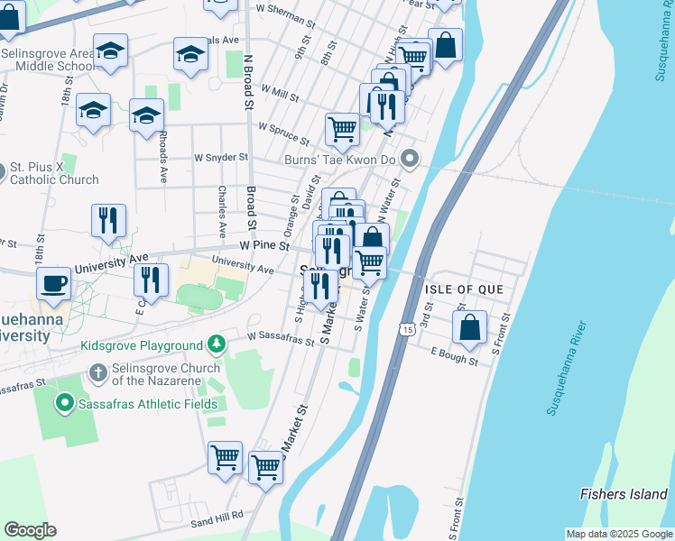 map of restaurants, bars, coffee shops, grocery stores, and more near in Selinsgrove