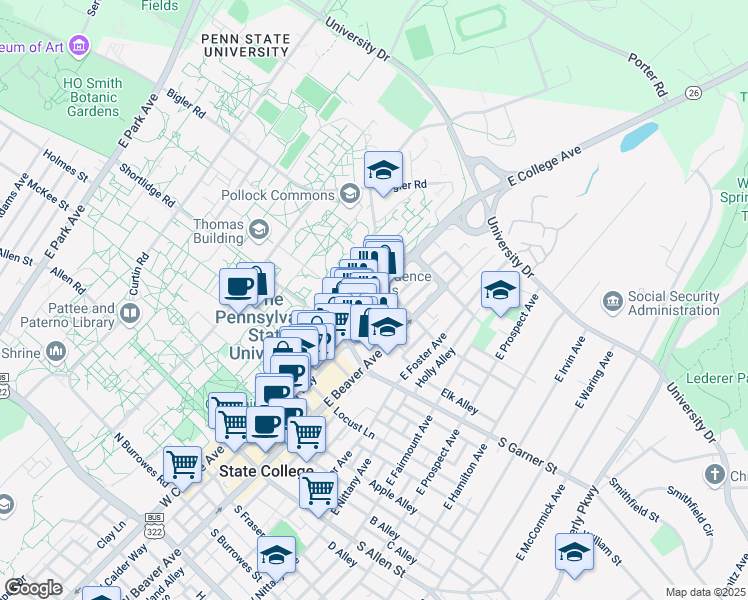 map of restaurants, bars, coffee shops, grocery stores, and more near 442 East College Avenue in State College