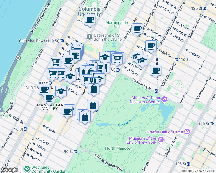 map of restaurants, bars, coffee shops, grocery stores, and more near 471 Central Park West in New York