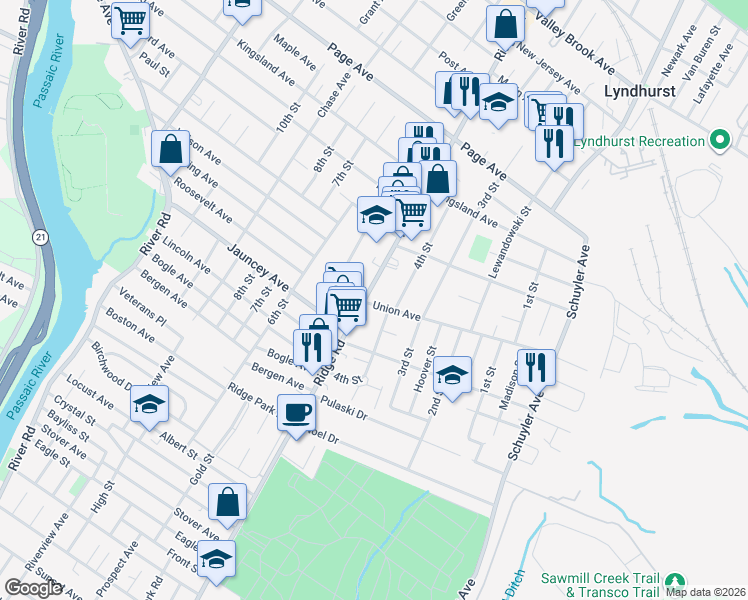map of restaurants, bars, coffee shops, grocery stores, and more near in Lyndhurst