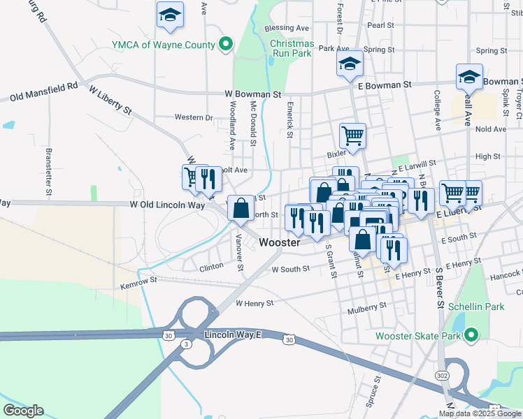 map of restaurants, bars, coffee shops, grocery stores, and more near 410 West North Street in Wooster