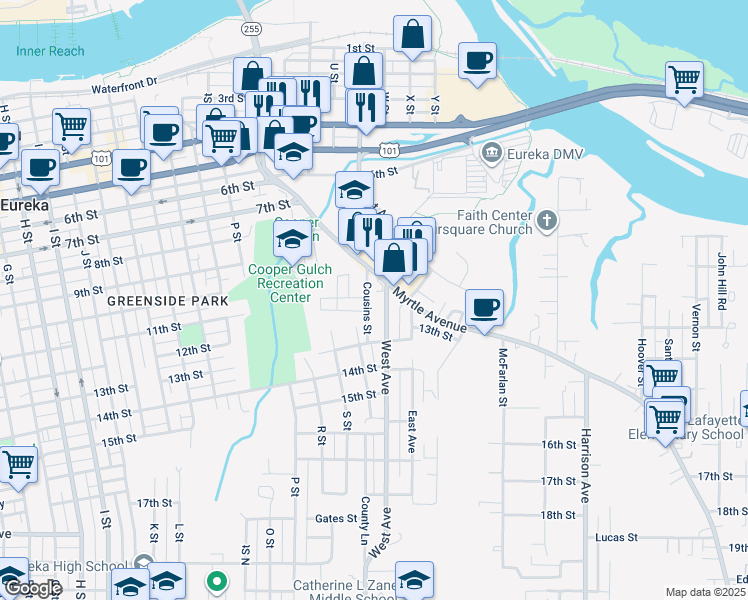 map of restaurants, bars, coffee shops, grocery stores, and more near 1135 Cousins Street in Eureka