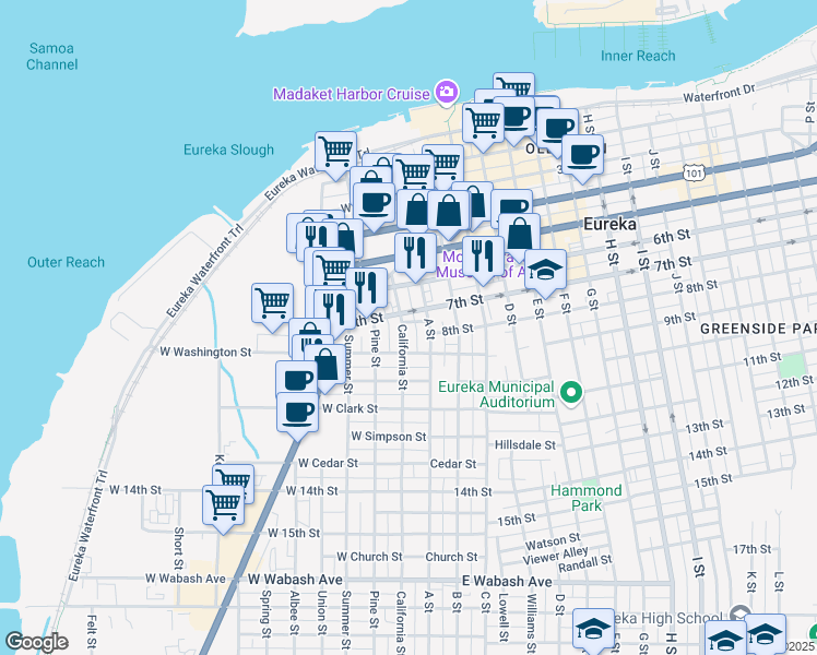 map of restaurants, bars, coffee shops, grocery stores, and more near 815 California Street in Eureka
