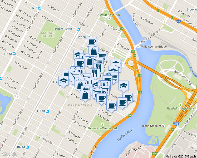 map of restaurants, bars, coffee shops, grocery stores, and more near in New York