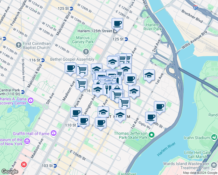 map of restaurants, bars, coffee shops, grocery stores, and more near in New York