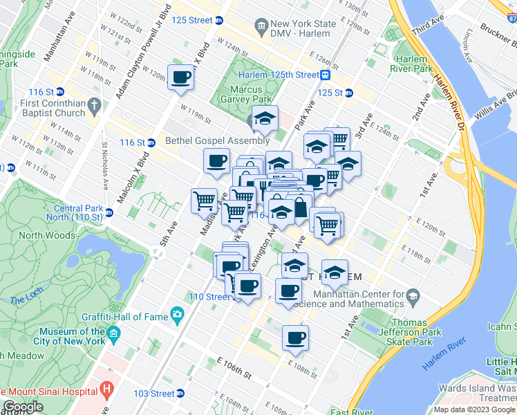 map of restaurants, bars, coffee shops, grocery stores, and more near 109 East 116th Street in New York