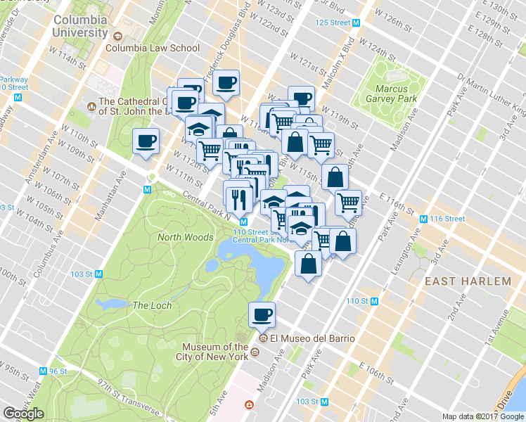 map of restaurants, bars, coffee shops, grocery stores, and more near 52 West 111th Street in New York