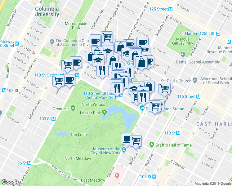 map of restaurants, bars, coffee shops, grocery stores, and more near in New York