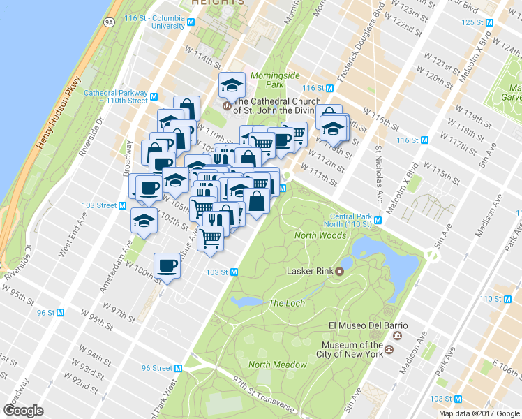 map of restaurants, bars, coffee shops, grocery stores, and more near 461 Central Park West in New York