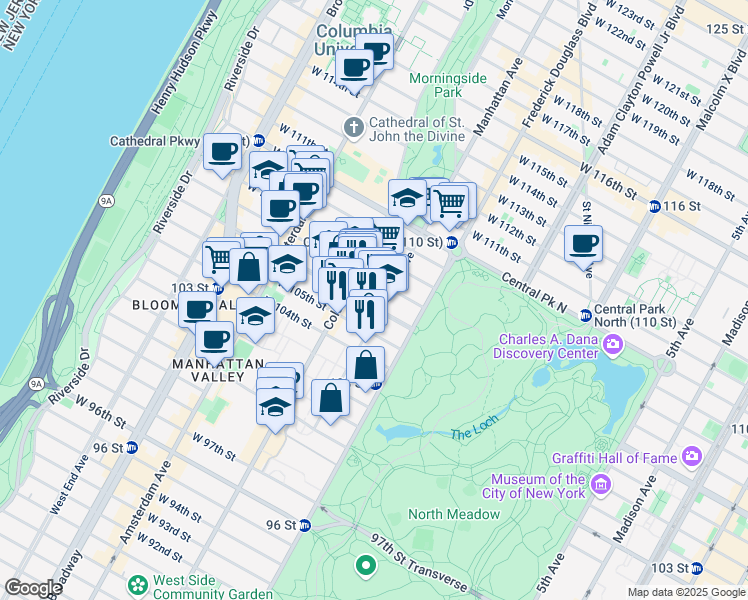 map of restaurants, bars, coffee shops, grocery stores, and more near 143-147 West 106th Street in New York