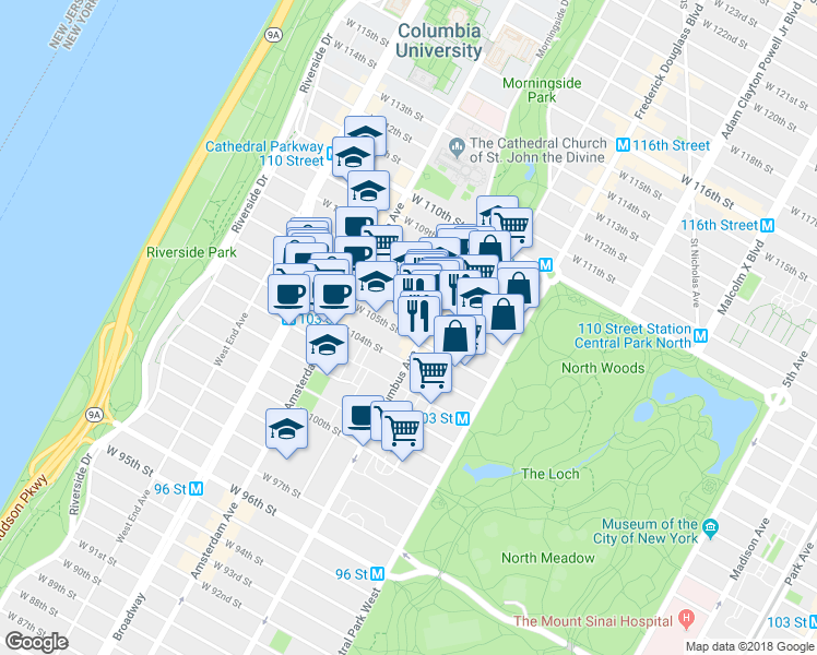 map of restaurants, bars, coffee shops, grocery stores, and more near in New York