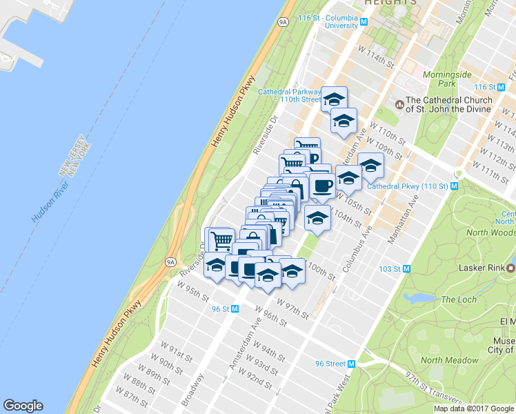 map of restaurants, bars, coffee shops, grocery stores, and more near 845 West End Avenue in New York