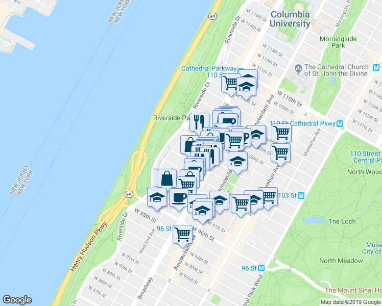 map of restaurants, bars, coffee shops, grocery stores, and more near 845 West End Avenue in New York
