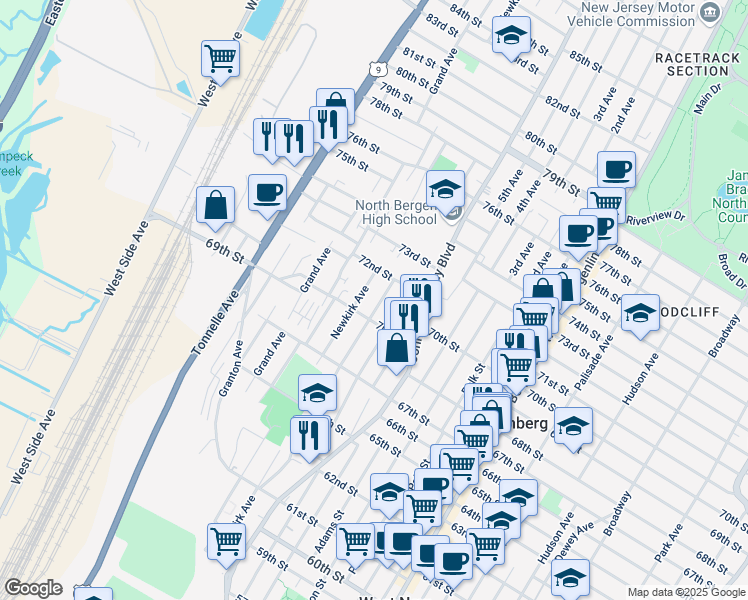 map of restaurants, bars, coffee shops, grocery stores, and more near 1306 70th Street in North Bergen