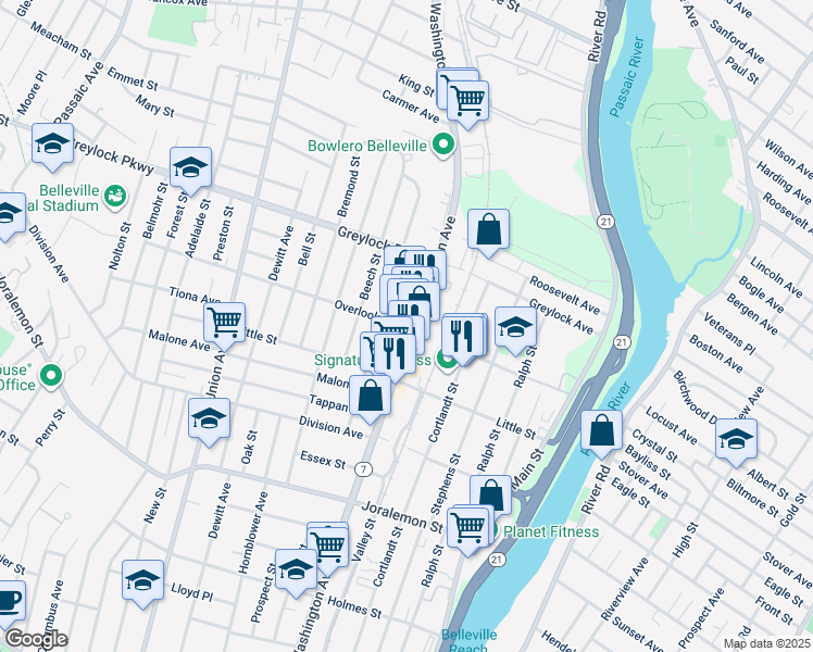 map of restaurants, bars, coffee shops, grocery stores, and more near 523 New Jersey 7 in Belleville