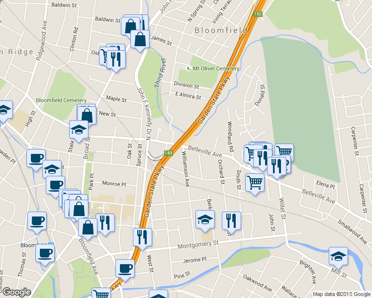 map of restaurants, bars, coffee shops, grocery stores, and more near in Bloomfield