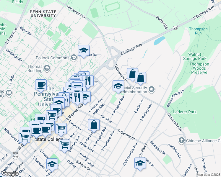 map of restaurants, bars, coffee shops, grocery stores, and more near 512-598 East Foster Avenue in State College