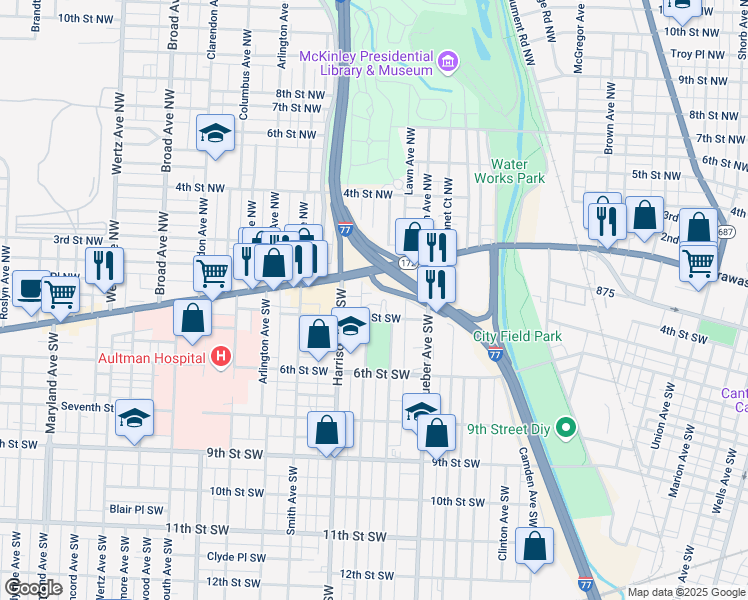 map of restaurants, bars, coffee shops, grocery stores, and more near 201 Park Avenue Northwest in Canton