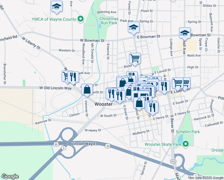 map of restaurants, bars, coffee shops, grocery stores, and more near 356 West North Street in Wooster