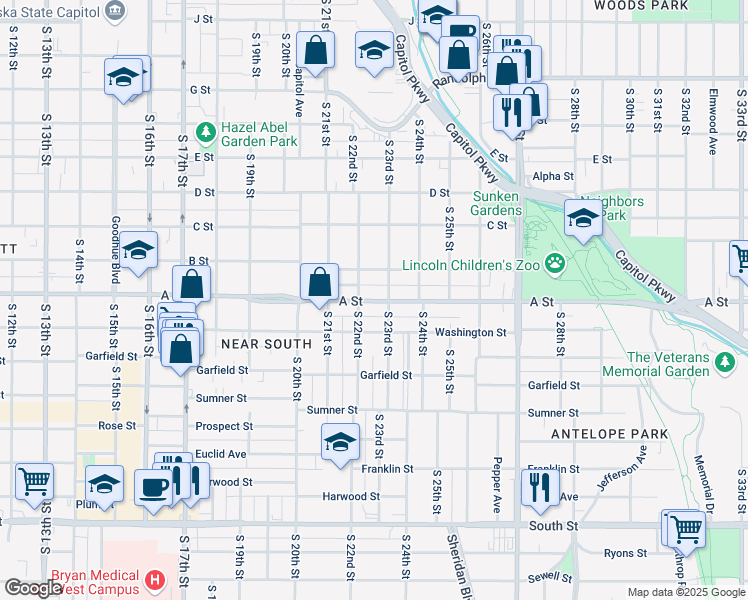 map of restaurants, bars, coffee shops, grocery stores, and more near 2227 A Street in Lincoln