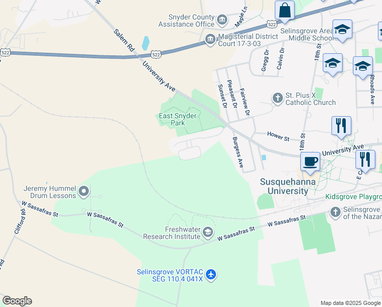 map of restaurants, bars, coffee shops, grocery stores, and more near 29 Grayson View Court in Selinsgrove