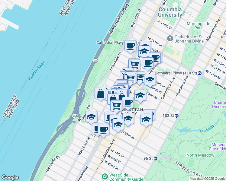 map of restaurants, bars, coffee shops, grocery stores, and more near 845 West End Avenue in New York