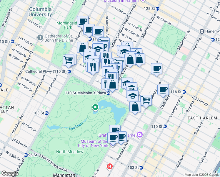 map of restaurants, bars, coffee shops, grocery stores, and more near St Nicholas Ave & W 111th St in New York
