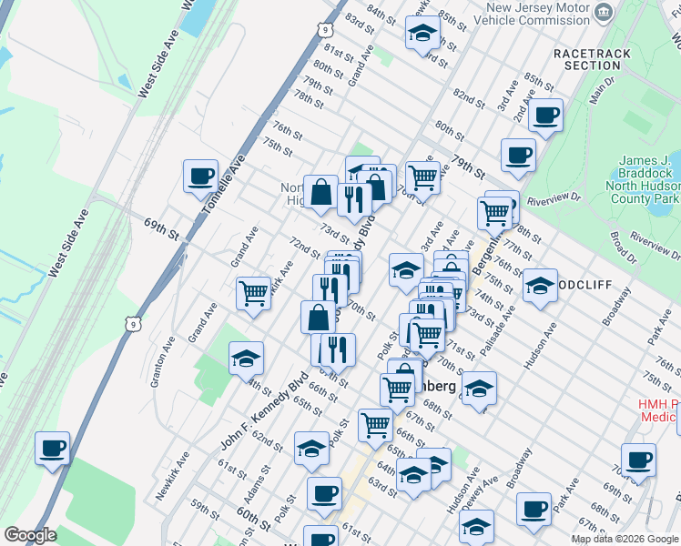 map of restaurants, bars, coffee shops, grocery stores, and more near 7020 John F. Kennedy Boulevard in North Bergen