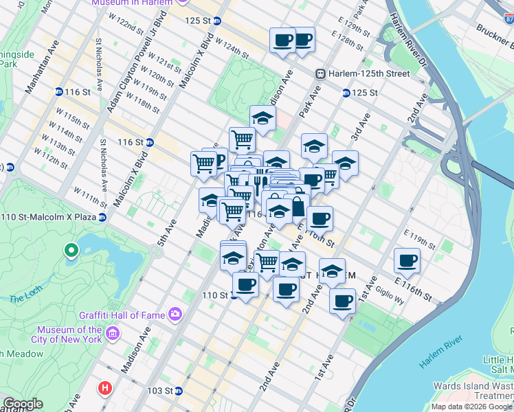 map of restaurants, bars, coffee shops, grocery stores, and more near 109 East 116th Street in New York