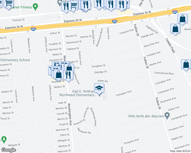 map of restaurants, bars, coffee shops, grocery stores, and more near 4 Winfield Avenue in Brentwood