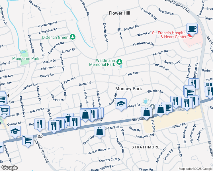 map of restaurants, bars, coffee shops, grocery stores, and more near 84 Abbey Road in Manhasset