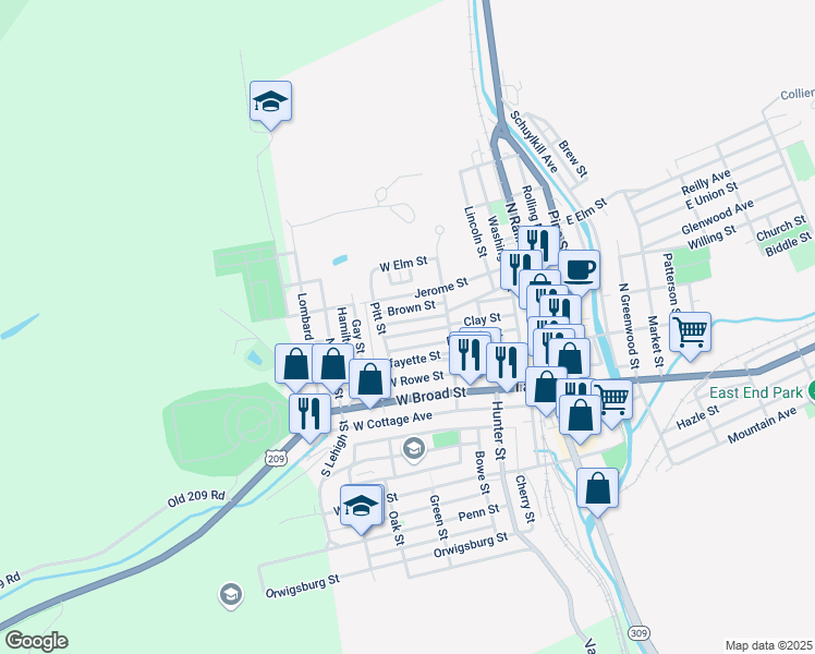 map of restaurants, bars, coffee shops, grocery stores, and more near 241 Clay Street in Tamaqua