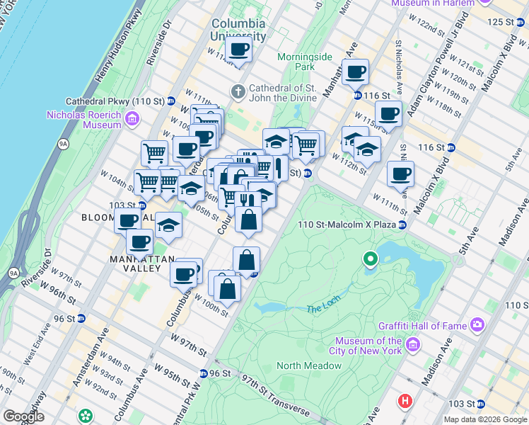 map of restaurants, bars, coffee shops, grocery stores, and more near 150 Manhattan Avenue in New York