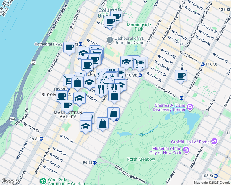 map of restaurants, bars, coffee shops, grocery stores, and more near 57 West 106th Street in New York