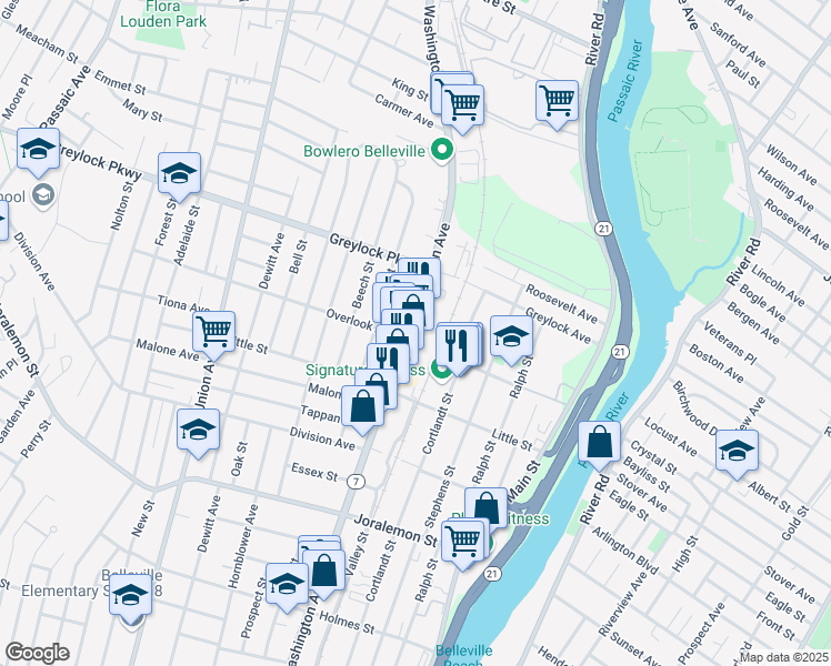 map of restaurants, bars, coffee shops, grocery stores, and more near 523 New Jersey 7 in Belleville