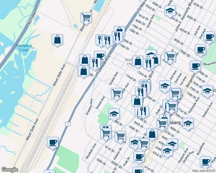 map of restaurants, bars, coffee shops, grocery stores, and more near 1461A 68th Street in North Bergen