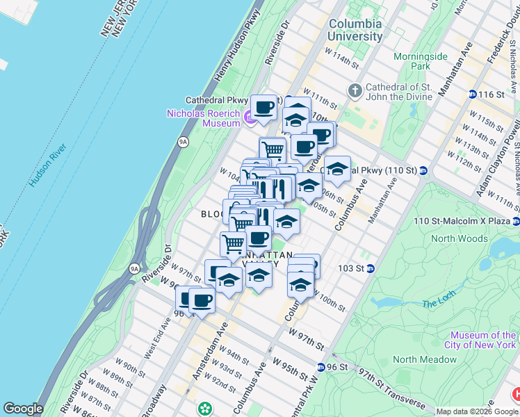 map of restaurants, bars, coffee shops, grocery stores, and more near Broadway & W 103rd St in New York