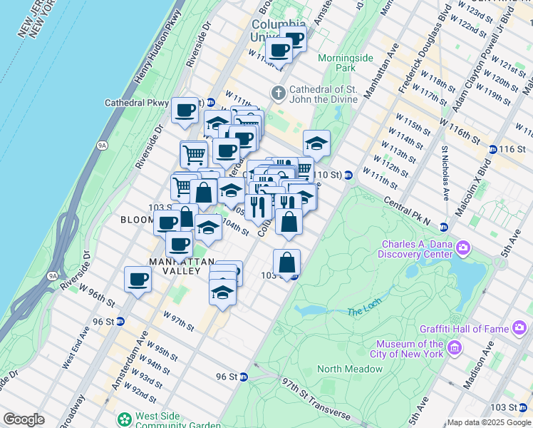 map of restaurants, bars, coffee shops, grocery stores, and more near 930 Columbus Avenue in New York