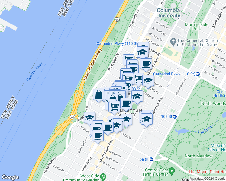 map of restaurants, bars, coffee shops, grocery stores, and more near West End Ave & W 102nd St in New York