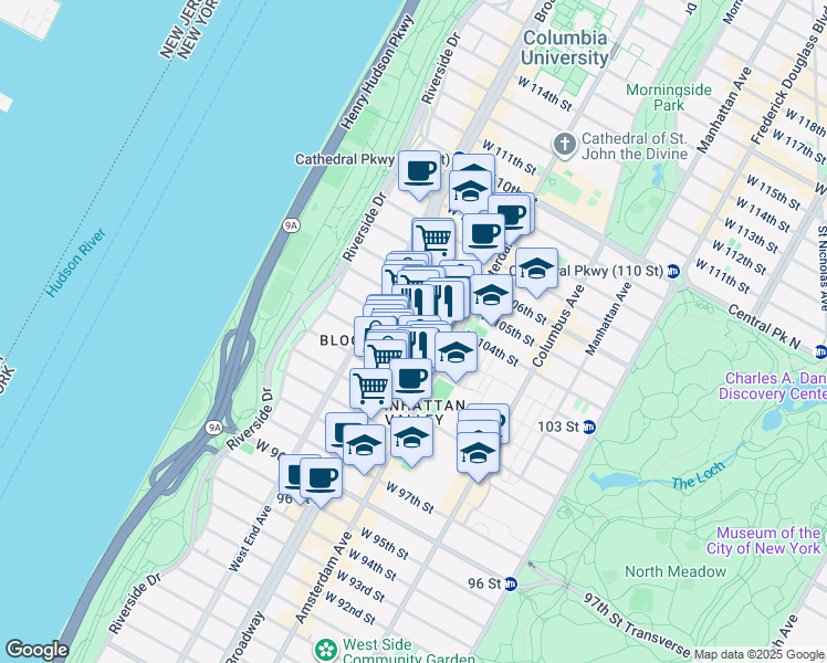 map of restaurants, bars, coffee shops, grocery stores, and more near 233 West 103rd Street in New York