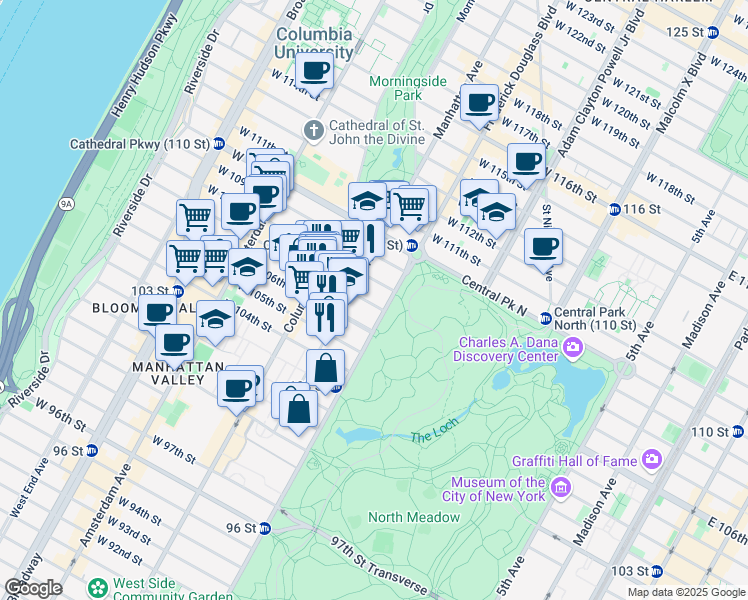 map of restaurants, bars, coffee shops, grocery stores, and more near 5 West 107th Street in New York