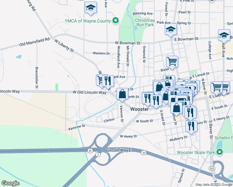 map of restaurants, bars, coffee shops, grocery stores, and more near 541 West Liberty Street in Wooster