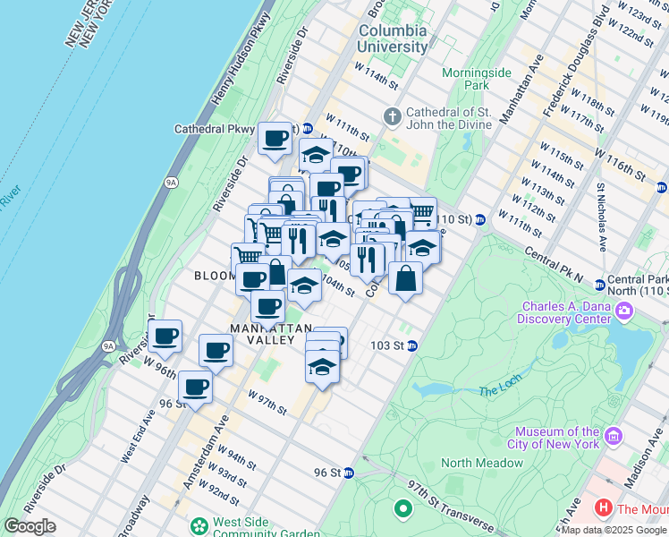 map of restaurants, bars, coffee shops, grocery stores, and more near 150 West 105th Street in New York