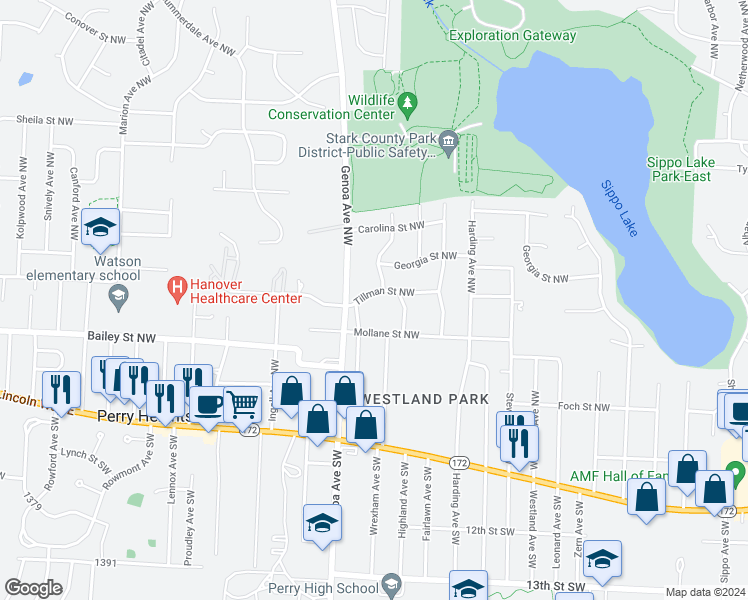 map of restaurants, bars, coffee shops, grocery stores, and more near 3629 Tillman Street Northwest in Massillon